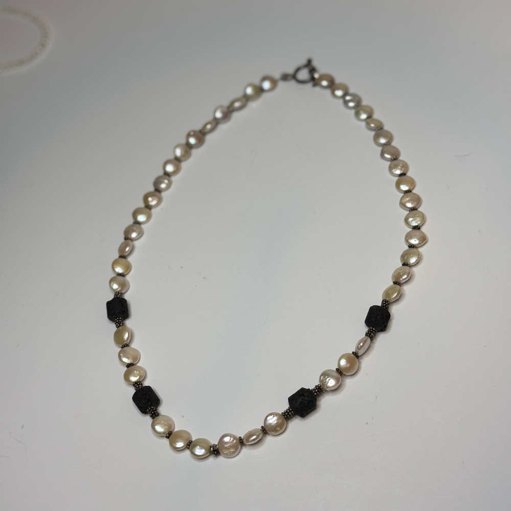 Unique Pearl and Black Bead Necklace Long Disc Pearl necklace With lava beads